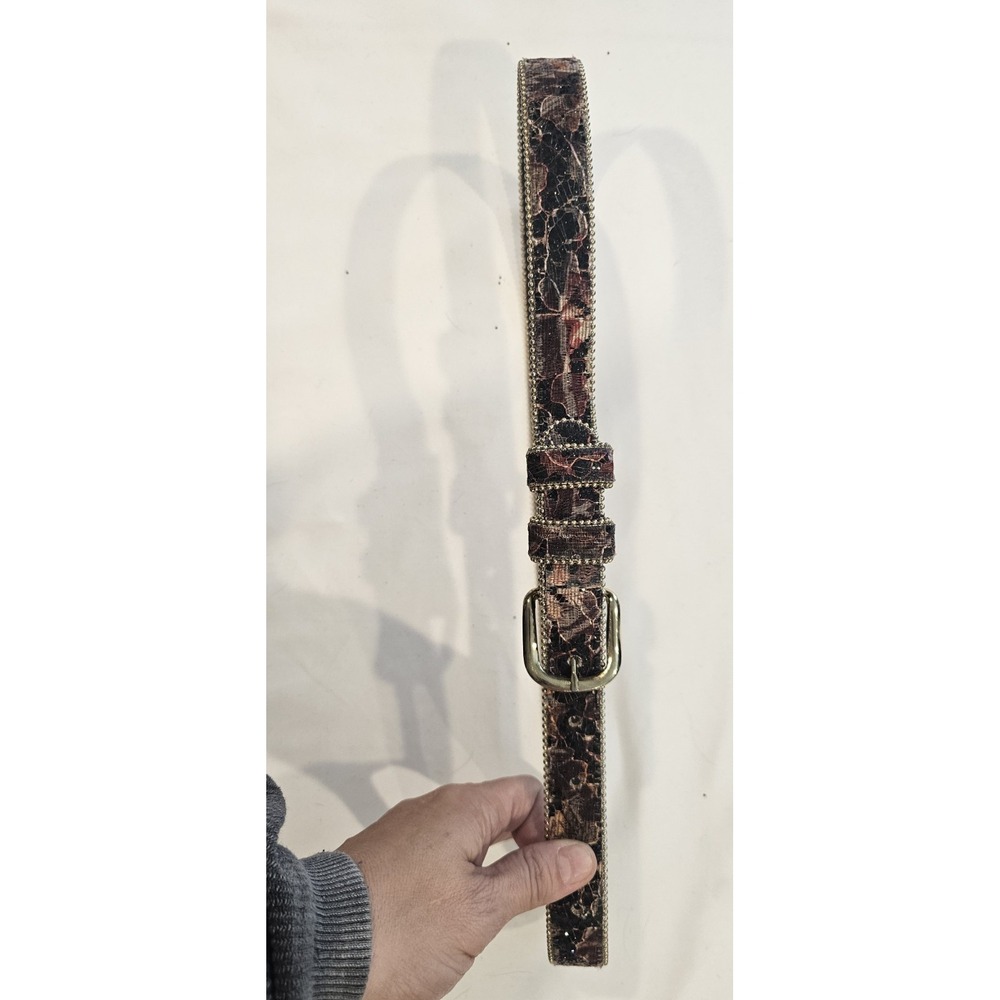 Boho Crackle Print Belt Beaded Edge Gold Tone Buckle Brown‎ Black 36" S/M